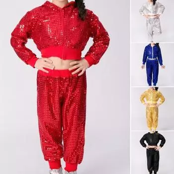 Детский костюм для выступлений, унисекс, блестящее пальто с пайетками, комплект из брюк, капюшона, молнии, эластичного пояса, длинные рукава, костюм для современных танцев в стиле хип-хоп и джаза 150CM белый