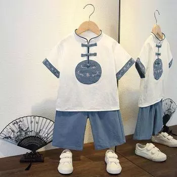 Детский костюм Hanfu Tang, летний костюм с короткими рукавами для мальчиков и девочек, платье в китайском стиле, красивый тонкий детский костюм из хлопка и льна 140