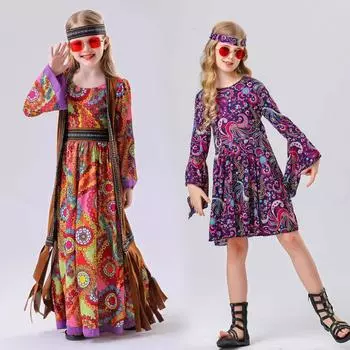 Детский костюм хиппи 70-х 60-х годов винтажный диско-костюм платья для девочек на Хэллоуин карнавал фестиваль вечеринка сценический наряд головной платок наряд 140