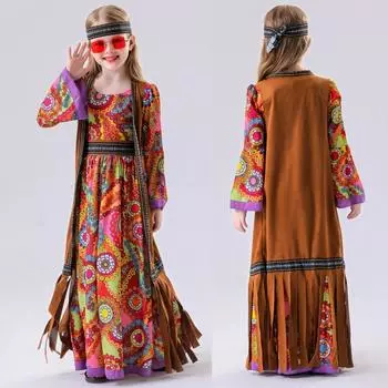 Детский костюм хиппи 70-х 60-х годов винтажный диско-костюм платья для девочек на Хэллоуин карнавал фестиваль вечеринка сценический костюм жилет платок на голову наряд 140