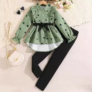 Детский костюм из 2 предметов, осенний новый костюм для девочек 4-12 лет + модное длинное платье-рубашка с поясом + комплект брюк 130cm/8Y зелёный