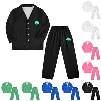 Детский костюм из двух частей с принтом, топ с длинными рукавами и пуговицами, широкие брюки, комплект пижамы, домашний повседневный костюм 140