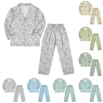 Детский костюм из двух частей с принтом, топ с длинными рукавами и пуговицами, широкие брюки, комплект пижамы, домашний повседневный костюм 110 синий