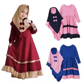 Детский костюм из двух предметов, милая одежда в мусульманском стиле, праздничное платье с длинными рукавами и оборками, соответствующий платок на голову 80 красный
