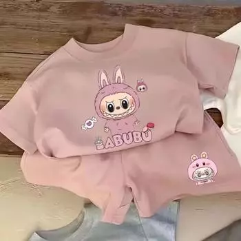 Детский костюм Labbrub с мультяшным принтом - Летний премиальный чувство стиля универсальный простой удобный дышащий носить удобный повседневный спортивный милый 90cm