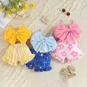 Детский костюм, модные летние милые шорты для девочек с большим бантом и лямкой на шее, цветочные шорты, комплект 100cm