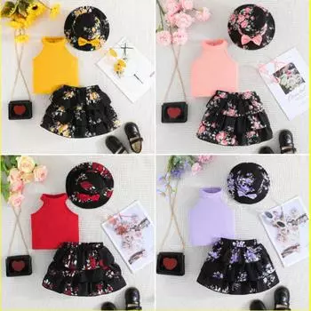 Детский костюм, новый однотонный топ без рукавов + юбка с цветочным принтом + шапка, комплект из трех предметов, 6 месяцев-3 года 6-9M жёлтый