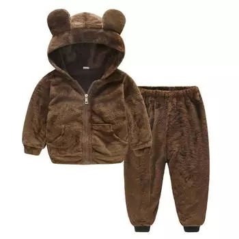 Детский костюм осень-зима для мальчиков и девочек, шуба, повседневные брюки, комплект из двух предметов, модная детская одежда 80cm темный кофе