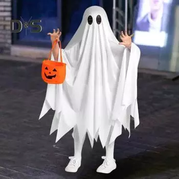 Детский костюм привидения, белый плащ привидения с сумкой-тыквой для мальчиков и девочек, аксессуар для костюмированной вечеринки на Хэллоуин белый