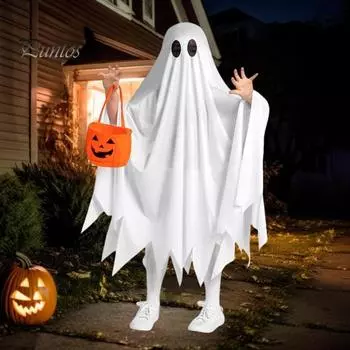 Детский костюм привидения, белый плащ привидения с сумкой-тыквой для мальчиков и девочек, аксессуар для костюмированной вечеринки на Хэллоуин белый