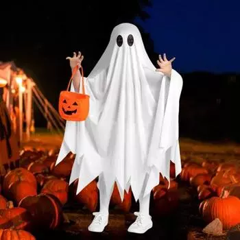 Детский костюм привидения, белый плащ привидения с сумкой-тыквой для мальчиков и девочек