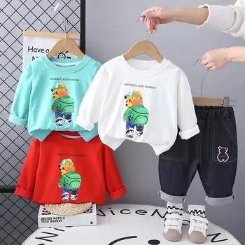 Детский костюм с длинными рукавами, толстовка с круглым вырезом и рисунком медведя для мальчиков, повседневные джинсовые брюки, удобная одежда для малышей S красный