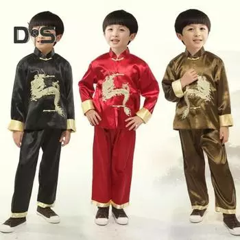 Детский костюм Тан, традиционный китайский дракон, новогодний воротник-стойка с длинными рукавами, топ с эластичной резинкой на талии и брюки, форма Вин Чун Тай Чи, одежда для мальчиков 110 cm чёрный