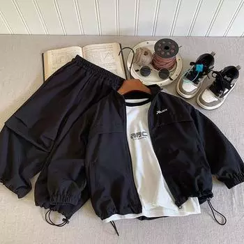 Детский костюм Весенняя детская одежда Мальчики мода куртка брюки костюм из двух частей 150 чёрный