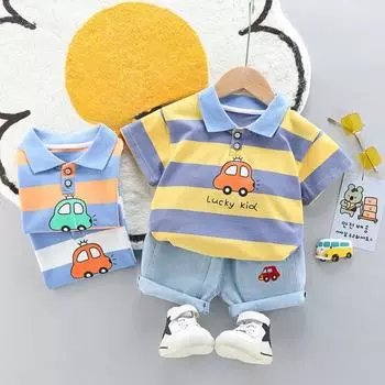 Детский костюм в полоску из двух частей, летние повседневные джинсовые шорты в корейском стиле