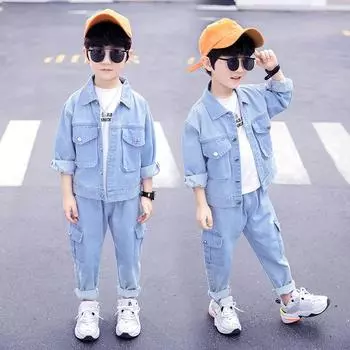 Детский костюм, весенняя джинсовая куртка для мальчиков из двух частей, корейская детская модная джинсовая куртка + джинсовый костюм 160 синий