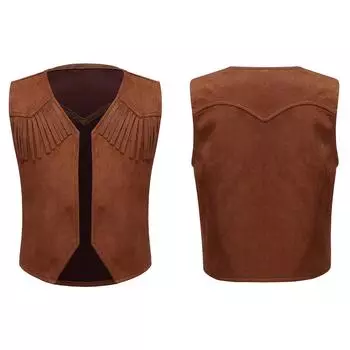 Детский ковбойский жилет в стиле вестерн для мальчиков, замшевая кожаная куртка с острым подолом для Хэллоуина, карнавала, вечеринки 5-6 Years коричневый
