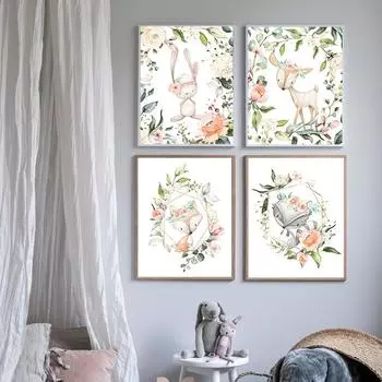 Детский кролик, олень, лиса, холст, картина с животным принтом, оливковая ветвь, бохо, цветочный постер, зеленая детская комната, свежая Настенная картина для детской комнаты 21*30cm