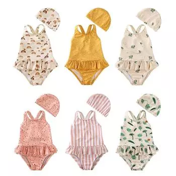 Детский купальник без рукавов и открытой спины с принтом для девочек, цельный комбинезон, купальник со шляпой 80