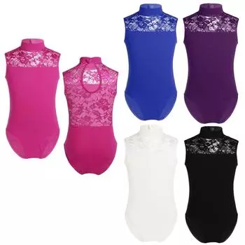 Детский купальник для балета и танцев для девочек, кружевной купальник с высоким воротником и кружевной спинкой, без рукавов 5-6 Years розы красного