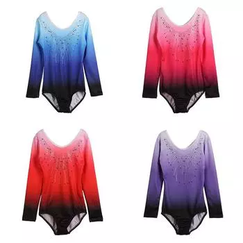 Детский купальник для гимнастики и балета, танцевальный костюм со стразами и заклепками, градиентный цвет, длинный рукав, танцевальный костюм 12