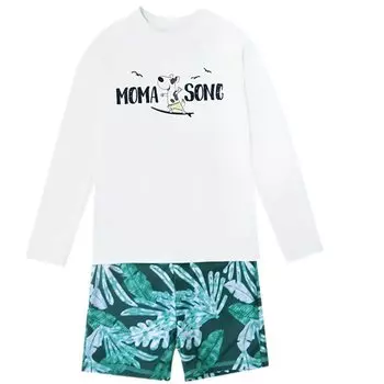 Детский купальник для мальчиков, раздельный, с длинным рукавом, рашгард, шапочка для плавания, комплект из 3 предметов, купальный костюм для собак [Teddy] для детей415-E (Э. Уайт, 4Т(80см))