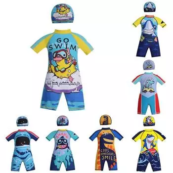 Детский купальник для маленьких мальчиков, цельный купальник с короткими рукавами и рисунком для мальчиков, купальный костюм на молнии для малышей, купальный костюм 150