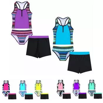 Детский купальник из 3 предметов для девочек, топы на бретельках с цветочным принтом и шорты, купальник, быстросохнущий купальный костюм 3-4 Years зелёный