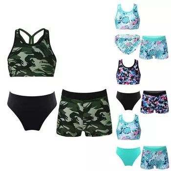 Детский купальник из 3 предметов для девочек, укороченный топ без рукавов с бретелями на спине, шорты с эластичным поясом и трусы для пляжа, бассейна, плавания, купания 5-6 Years озеро зеленый