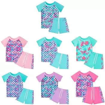 Детский купальник из двух частей, футболка и шорты, купальный костюм, пляжная одежда с принтом 140