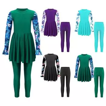 Детский купальник из двух предметов для девочек, топ с длинными рукавами и брюками, комплект буркини, купальник 7-8 Years чёрный