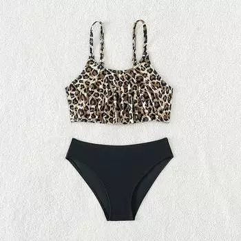 Детский купальник, купальник из двух частей, купальник с леопардовым принтом для девочек 5-6Y