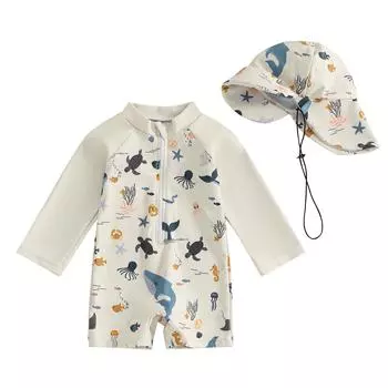 Детский купальник с длинным рукавом для мальчиков, повседневный купальник с принтом морских животных на молнии и шапочка для пляжа, купальный костюм 3-6 Months