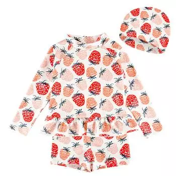 Детский купальник с длинным рукавом Rash Swim kids418 6T [Teddy] для девочек, раздельный, детская защита, шапочка, набор из 3 предметов, (клубника, (100см), числовой_100) земляничный