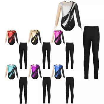 Детский купальник с длинными рукавами и круглым вырезом для девочек со стразами и леггинсами для выступлений на коньках, гимнастике 5-6 Years красный