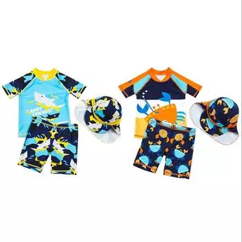 Детский купальник с короткими рукавами и шляпой для маленьких мальчиков, купальный костюм с героями мультфильмов для малышей, купальники, солнцезащитный купальный костюм 100