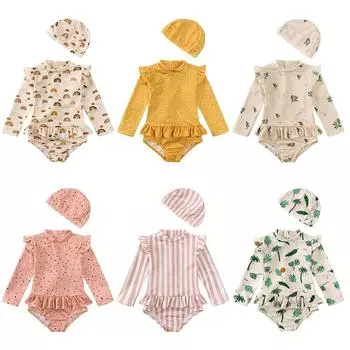 Детский купальник с принтом для девочек, быстросохнущий комбинезон с длинными рукавами, цельный купальник со шляпой 90