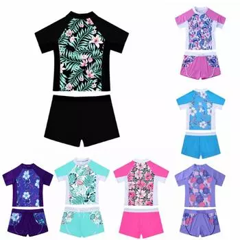 Детский купальный костюм из 2 предметов для девочек, топ с круглым вырезом и короткими рукавами, топ с цветочным принтом и шорты на шнуровке, пляжные купальники, купальные костюмы 5-6 Years синий