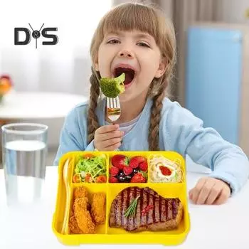 Детский ланч-бокс Bento, герметичный контейнер для закусок для малышей с 6 отделениями и столовыми приборами, лоток для льда, не содержащий бисфенол-А, герметичный контейнер для хранения еды для школы зелёный/жёлтый