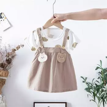 Детский летний комбинезон, юбочный костюм, стильный летний тонкий костюм-двойка с коротким рукавом для девочки 100 кофейный