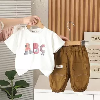 Детский летний комплект из двух предметов с короткими рукавами и круглым вырезом, повседневные шорты для мальчиков, удобная одежда для малышей S белый