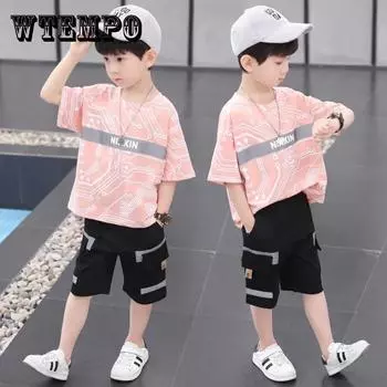Детский летний костюм из двух предметов, футболка для мальчика + брюки, повседневный спортивный костюм для детей 6, 8, 10, 12, 13, 14 лет, повседневный спортивный костюм 160 розовый