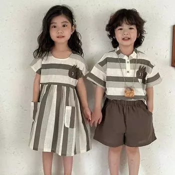 Детский летний костюм, полосатая летняя одежда для мальчиков, детский костюм-двойка в стиле вестерн 150