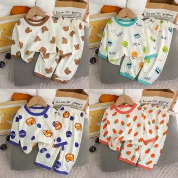 Детский летний пижамный комплект с длинными рукавами - Чистый хлопок, тонкая домашняя одежда с кондиционером и комфортом 73