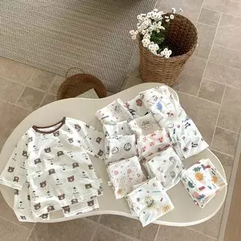 Детский летний пижамный комплект с кондиционером: Легкий хлопок, рукава 3/4 и брюки, принты для мальчиков, пижамы для девочек 90 cm (+10 cm)