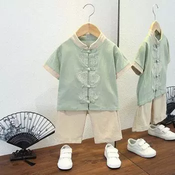 Детский летний тонкий костюм в китайском стиле для детей среднего и маленького возраста, комплект из двух предметов: топ с короткими рукавами и штаны 140