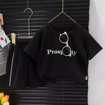 Детский летний тонкий удобный костюм, круглый вырез, короткий рукав, топ + шорты, комплект из двух предметов 130