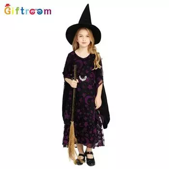 Детский мечтательный фиолетовый костюм ведьмы со звездами и луной, изготовленный из мягкой полиэстеровой ткани L