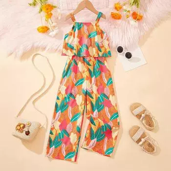 Детский модный комбинезон с цветочным принтом для девочек, летний детский повседневный комбинезон 1-2Y