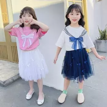 Детский модный костюм из двух частей с короткими рукавами, сетчатой юбкой и принтом в виде бабочки, летний повседневный костюм для девочек 110cm